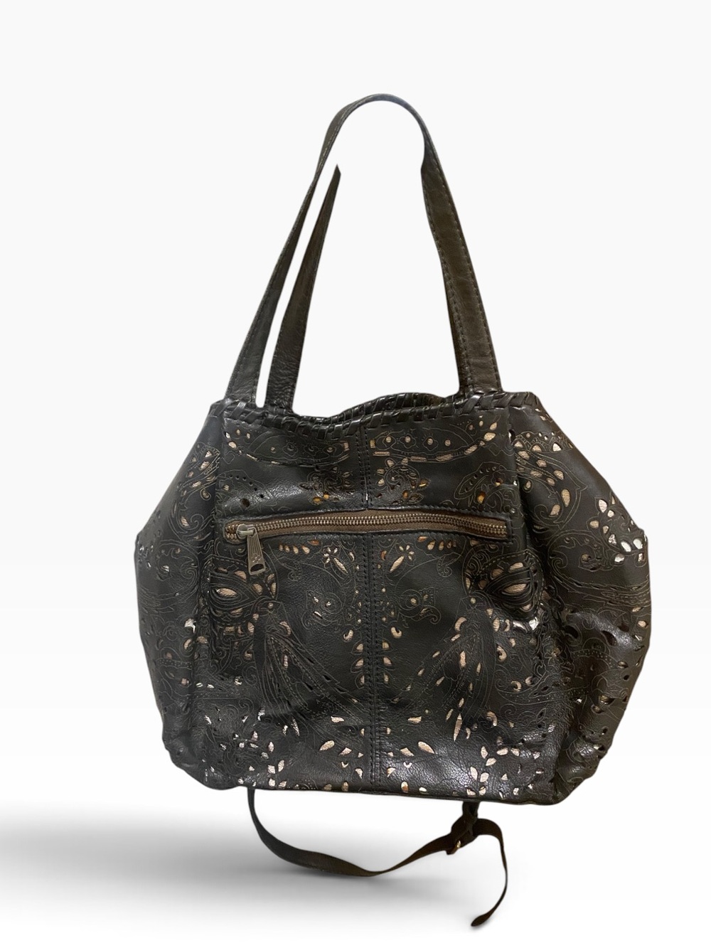Patricia Nash Marni black laser-cut leather tote floral punch work satchel